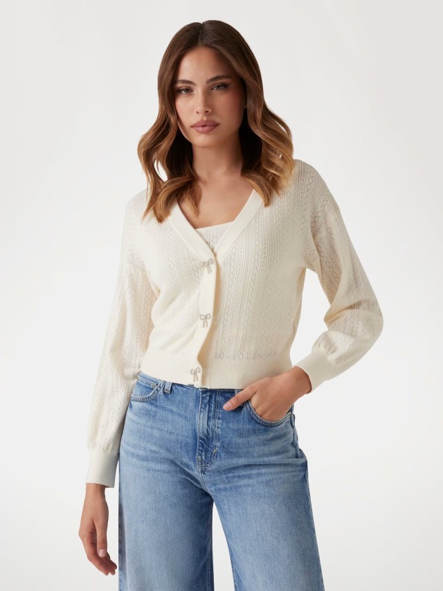 Guess Ls Vn Lyla Cardi Swtr Γυναικεία Ζακέτα Πλεκτή Εκρού