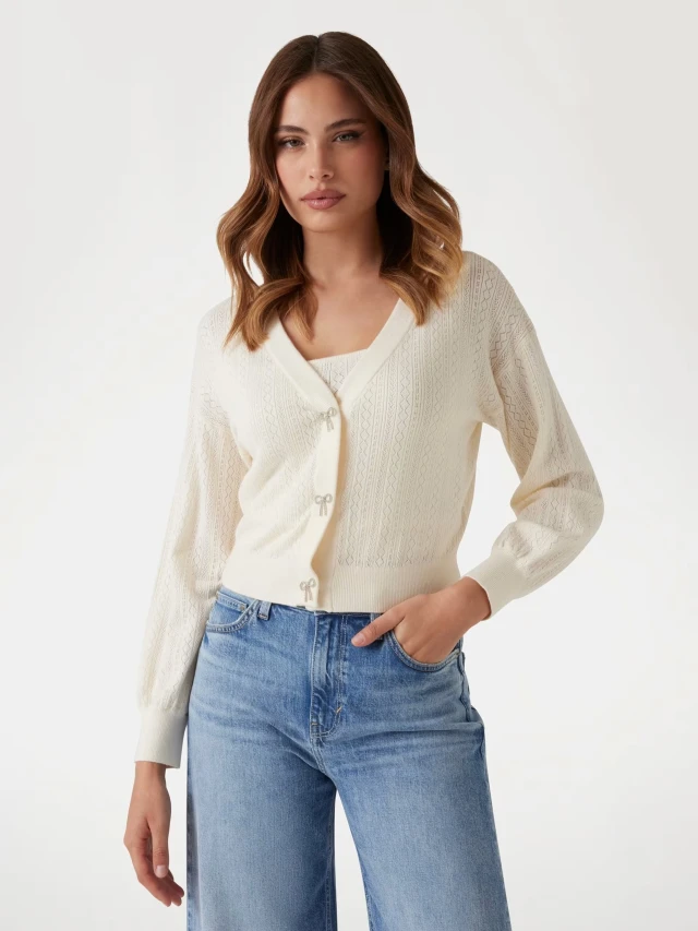Guess Ls Vn Lyla Cardi Swtr Γυναικεία Ζακέτα Πλεκτή Εκρού