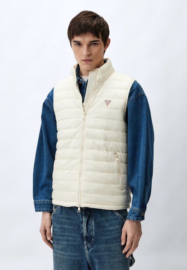 Guess Gj Hooded Puffer Vest Ανδρικό Αμάνικο Μπουφάν Εκρού