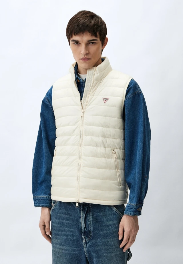 Guess Gj Hooded Puffer Vest Ανδρικό Αμάνικο Μπουφάν Εκρού
