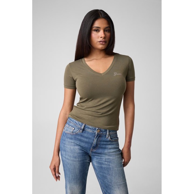 Guess New Ss Vn Mini Logo Tee Γυναικεία Μπλούζα Λαδί