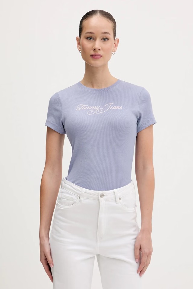 Tommy Hilfiger Tjw Slim Ess Logo 1 Rib Tee Ext Γυναικεία Μπλούζα Μωβ