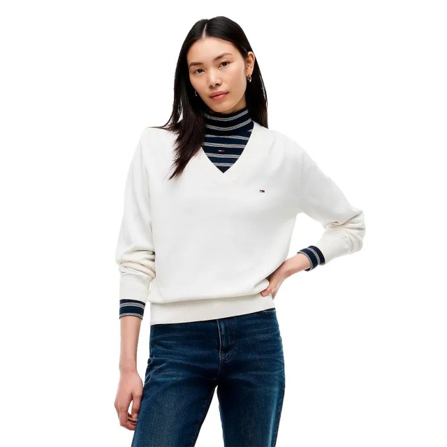 Tommy Hilfiger Tjw Essential Vneck Sweater Ext Γυναικείο Πλεκτό Λευκό