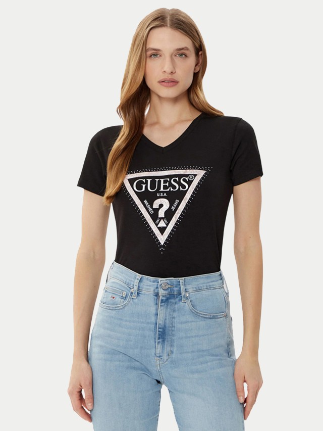 Guess Ss Vn Python Triangle Tee Γυναικεια Μπλούζα Μαύρη