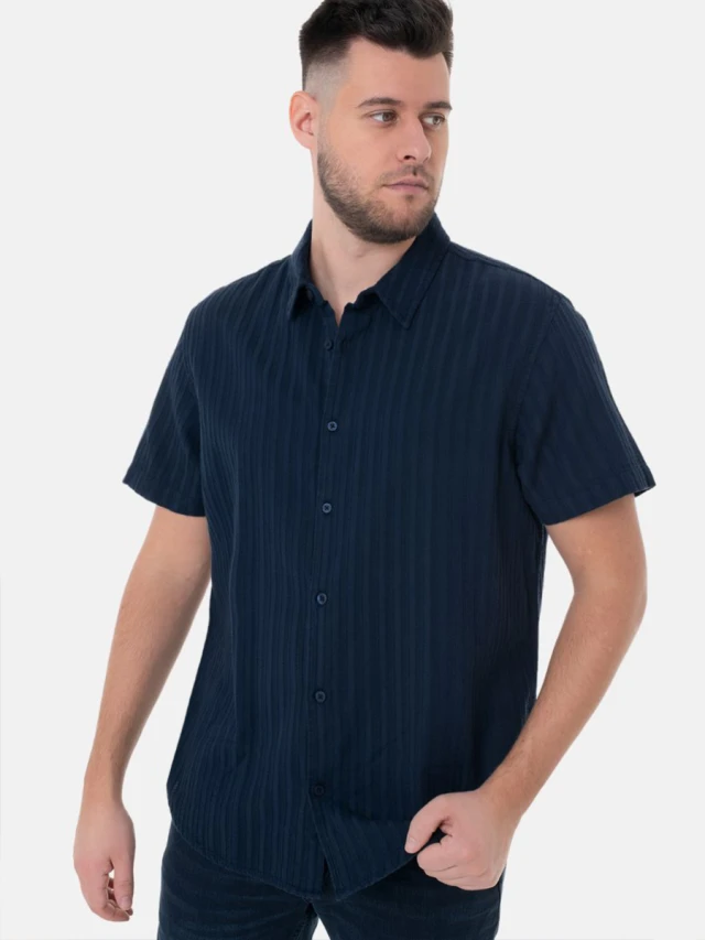 Guess Ss Pillar Dobby Shirt Ανδρικό Πουκάμισο Μπλε