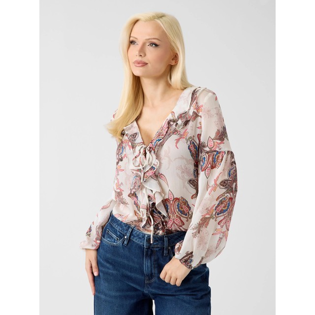 Guess Ls Emy Ruffled Top Γυναικεία Μπλούζα με Bολάν Multi