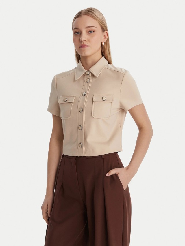 Guess Olga Short Sleeves Top Γυναικείο Πουκάμισο Μπεζ