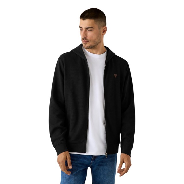 Guess Ls Textured Zipper Hoodie Ανδρική Ζακέτα Φούτερ Μαύρη