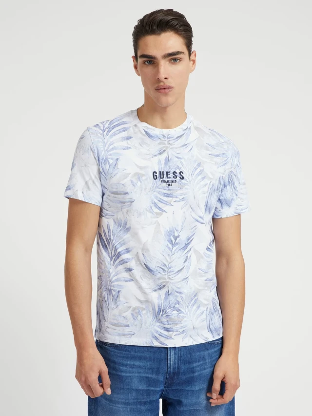 Guess Ss Cn Aop Foliage Tee Ανδρική Μπλουζα Μπλε