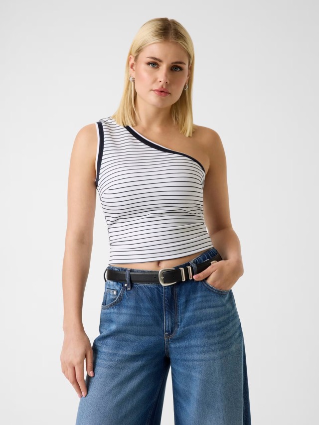 Guess Sl Monoshoulder Alphonsine Str Γυναικεία Μπλούζα Ριγέ Ασπρη Μαύρη