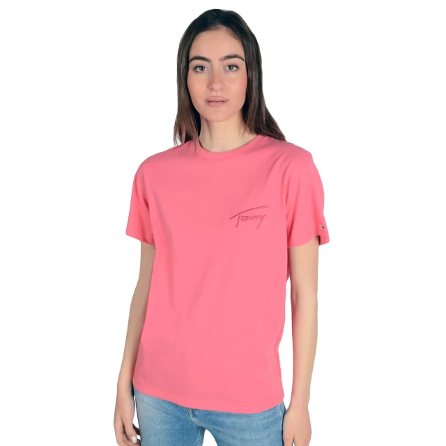 Tommy Hilfiger Tjw Rlxd Tommy Signature Ss Γυναικεια Μπλουζα Ροζ