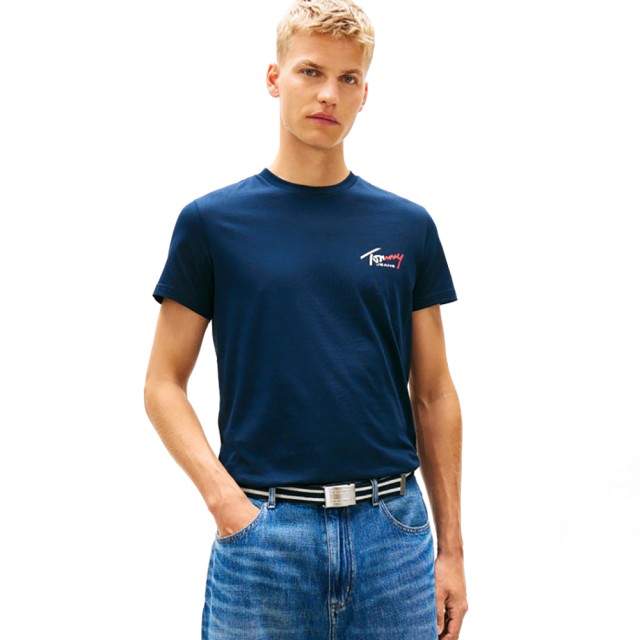 Tommy Hilfiger Tjm Slim Sign Chest Ss Tee Ext Ανδρική Μπλούζα Μπλε