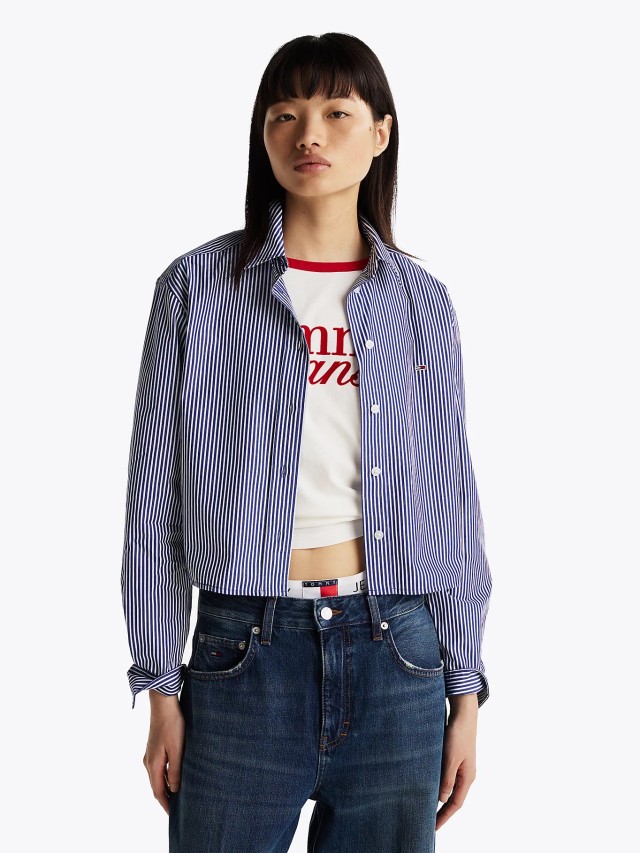 Tommy Hilfiger Tjw Crp Rlx Poplin Shirt Γυναικείο Πουκάμισο Crop Ριγέ Μπλε-Ασπρο