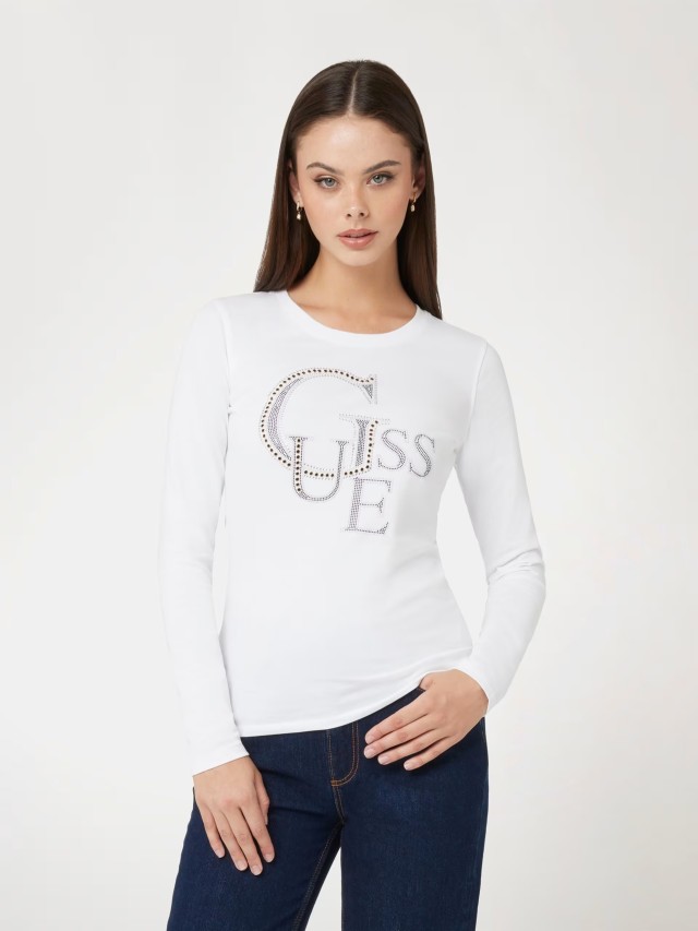 Guess Ls Rn Guess Studded Γυναικεία Μπλούζα Λευκή