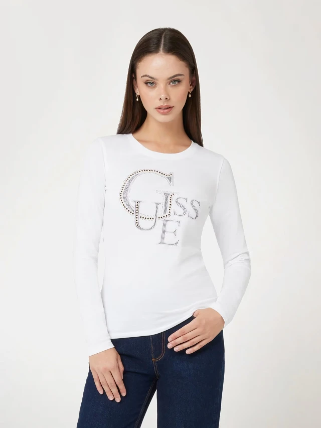 Guess Ls Rn Guess Studded Γυναικεία Μπλούζα Λευκή