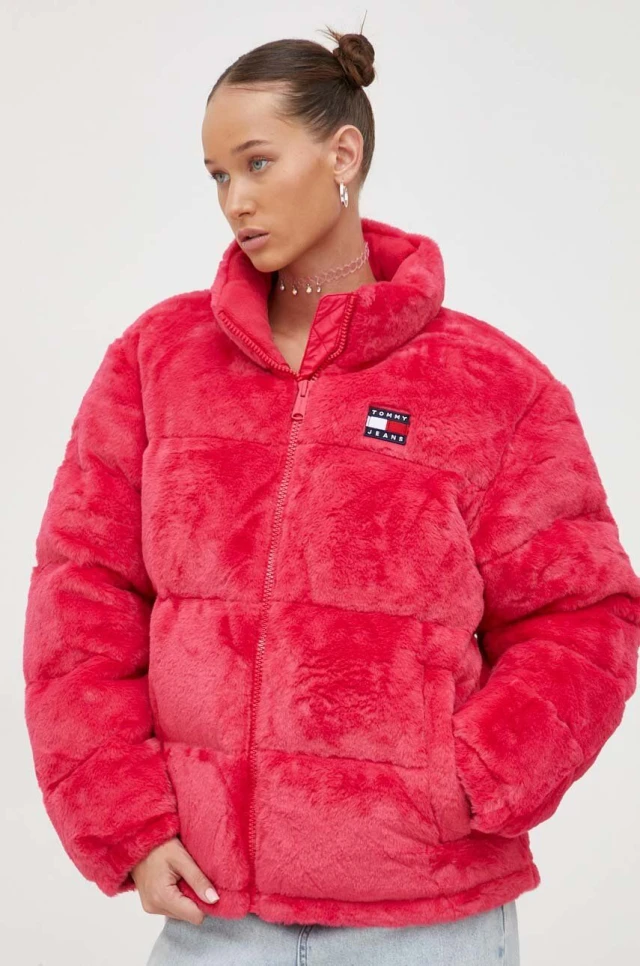 Tommy Hilfiger Tjw Faux Fur Puffer Γυναικείο Μπουφάν Γουνα Ροζ