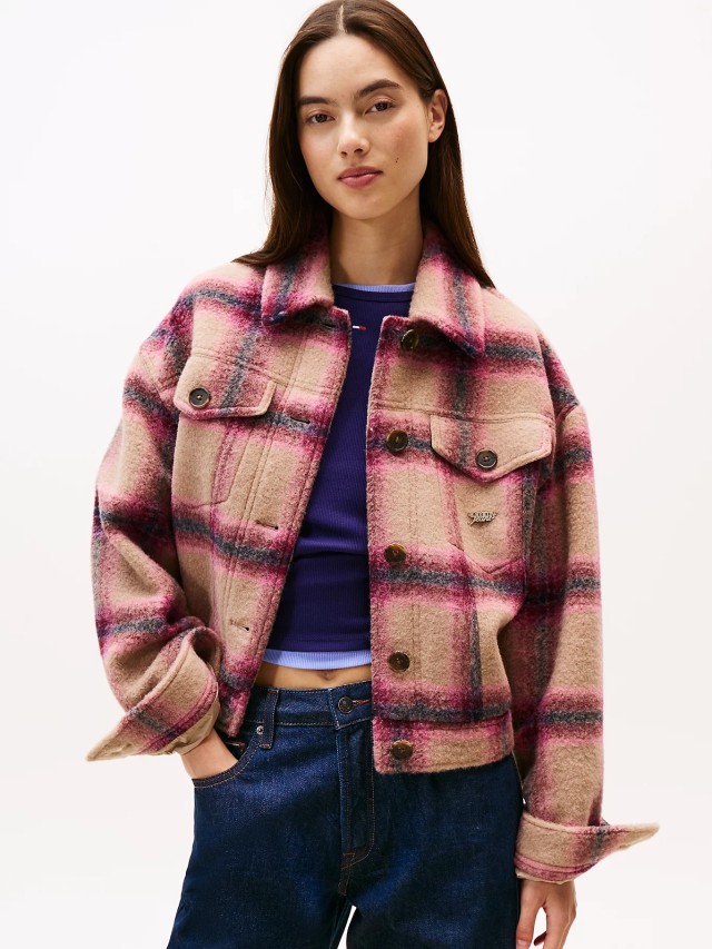 Tommy Hilfiger Tjw Wool Trucker Jacket Γυναικείο Μπουφάν Καρο Ροζ