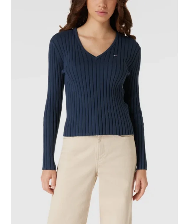 Tommy Hilfiger Tjw Bxy Crop Rib Vneck Sweater Γυναικειο Πλεκτο Μπλε