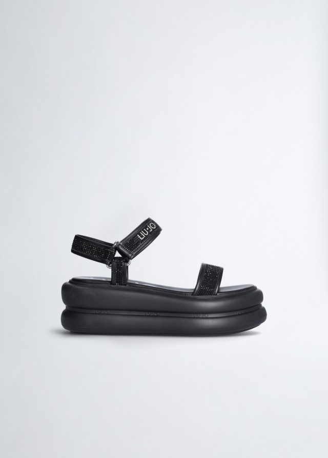 Liu Jo Aria 03 - Sandal Flat Form Spreading/Microfiber Γυναικεία Πέδιλα Πλατφόρμα Μαύρα