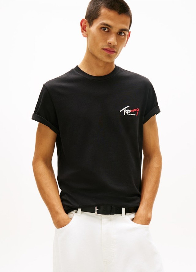 Tommy Hilfiger Tjm Slim Sign Chest Ss Tee Ext Ανδρική Μπλούζα Μαύρη