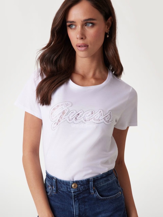 Guess Ss Script Lace Logo Easy Tee Γυναικεια Μπλούζα Λευκή