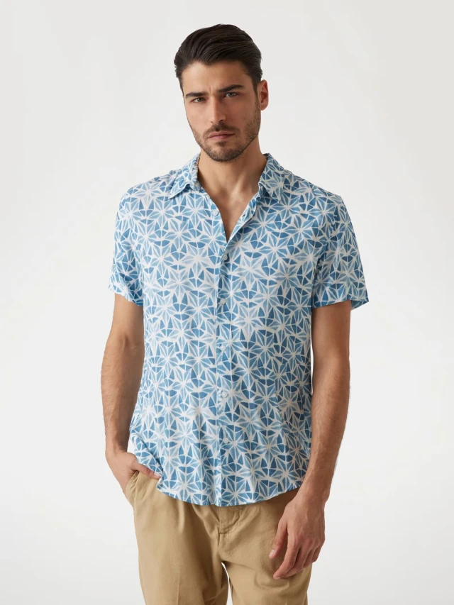 Guess Ss Eco Ryaon Watercolor Shirt Ανδρικό Πουκάμισο Φλοράλ Μπλε