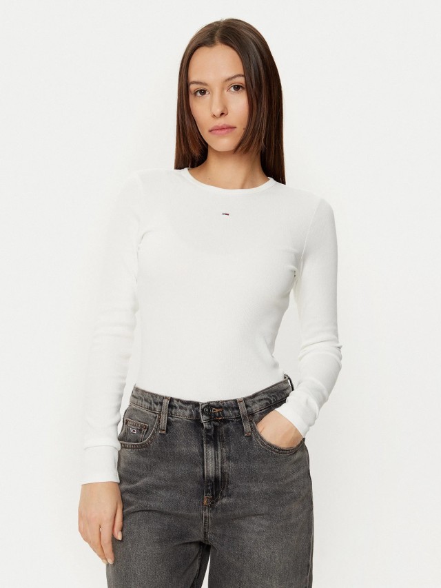 Tommy Hilfiger Tjw Slim Essential Rib Ls Γυναικεία Μπλούζα Λευκη