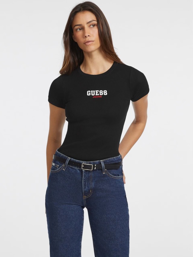 Guess Gj Ss Cn Slim Rib Emb Tee Γυναικεία Μπλούζα Μαύρη