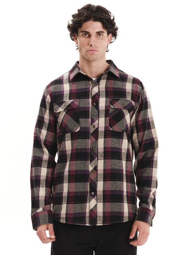 Emerson Mens Button Down Flannel Shirt Ανδρικό Πουκάμισο Μπορντό Μαύρο