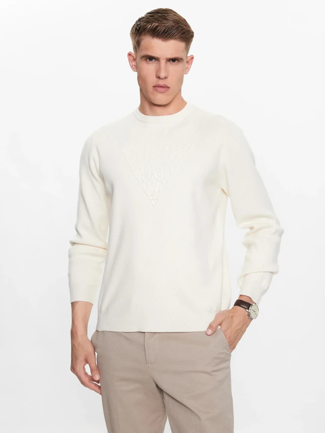Guess Victor Ls Cn Embossed Logo Swt Ανδρικό Πλεκτό Εκρου