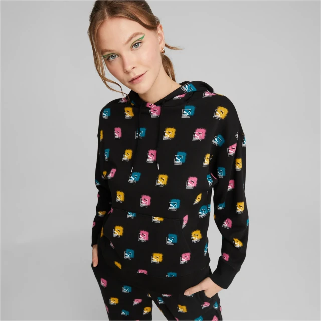 Puma Brand Love Aop Hoodie Tr Γυναικειο Φουτερ Μαυρο Printed