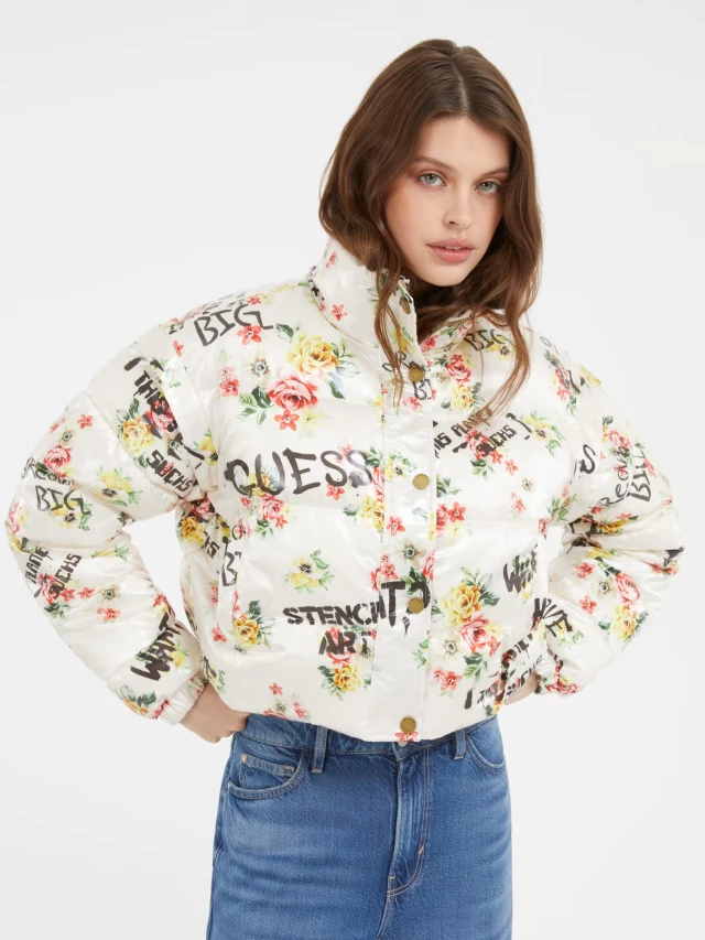 Guess Ls Wilde Cropped Puf Γυναικείο Μπουφάν Εκρου