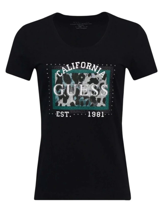 Guess Cn Ss  Animalier Boxy Print Γυναικεία Μπλούζα Animal Print Μαύρη