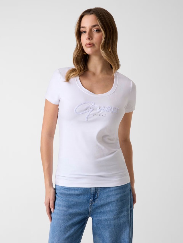 Guess Ss Cn Guess Script Tee Γυναικεία Μπλούζα Λευκή