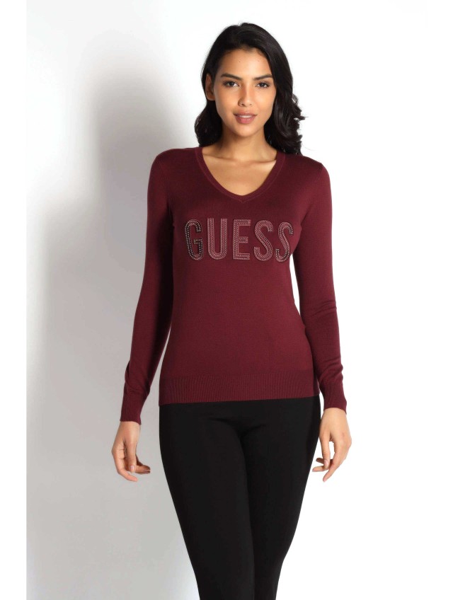 Guess Pascale Vn Ls Sweater  Γυναικειο Πλεκτο Μπορντο