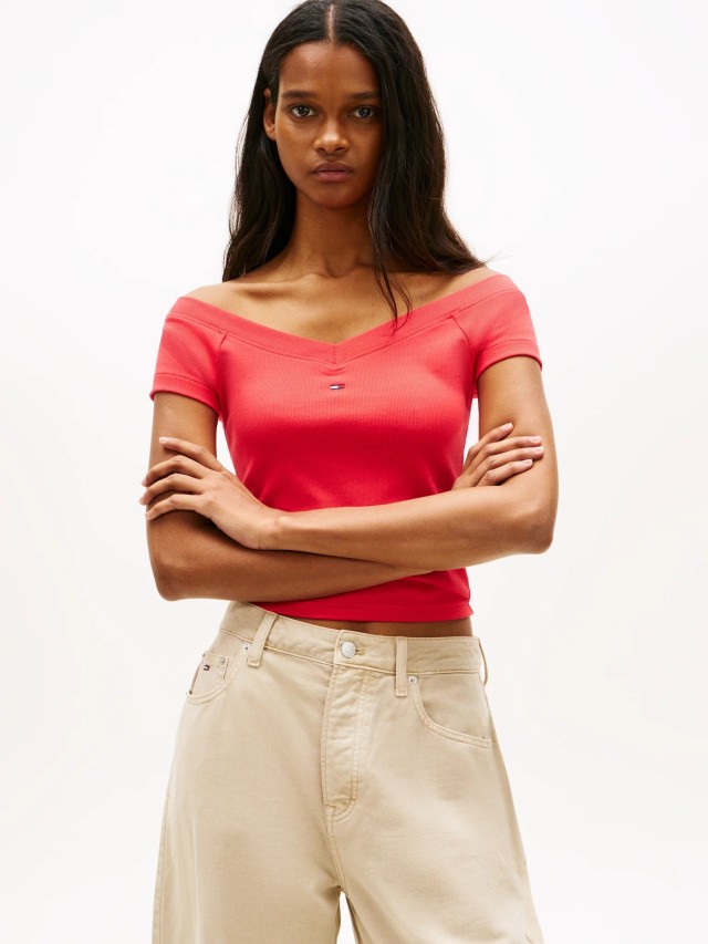 Tommy Hilfiger Tjw Slim Off Shoulder Rib Ss Top Γυναικεία Μπλούζα Ριπ Κόκκινη