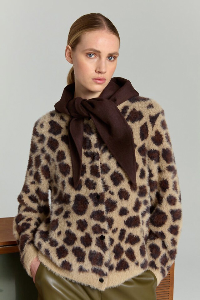 Marina V Pullovers Γυναικείο Πλεκτό Ζακετα Καμελ Animal Print