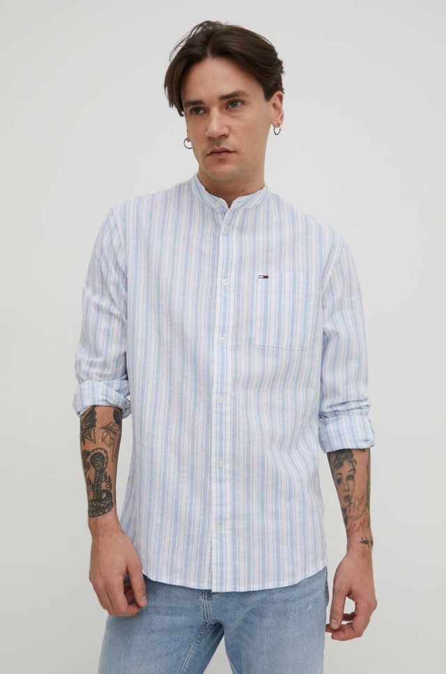 Tommy Hilfiger Tjm Mao Stripe Linen Blend Shirt Ανδρικό Πουκάμισο Λινό Ριγέ Μπλε
