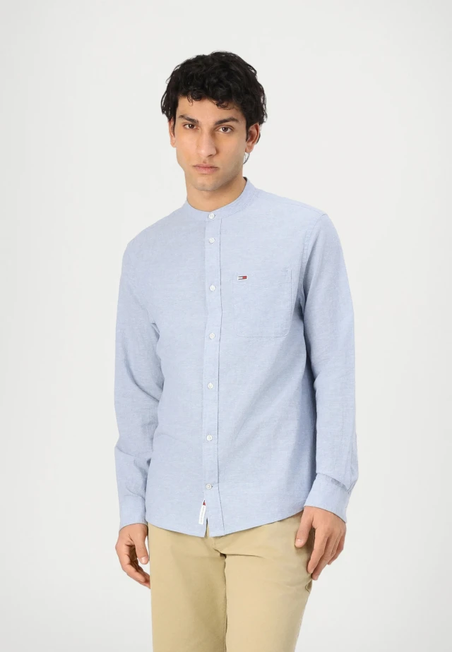 Tommy Hilfiger Tjm Linen Mix Band Collar Shirt Ανδρικό Πουκάμισο Λινό Σιελ