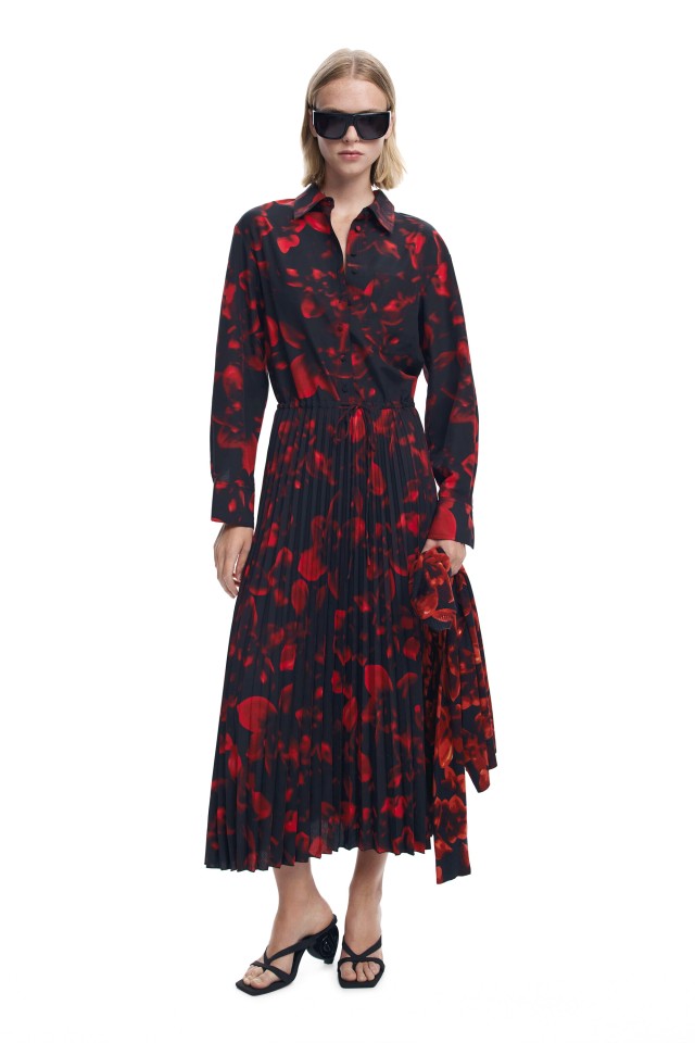 Desigual Vest_Camisero_Plisado Γυναικείο Φόρεμα Μαύρο Κόκκινο