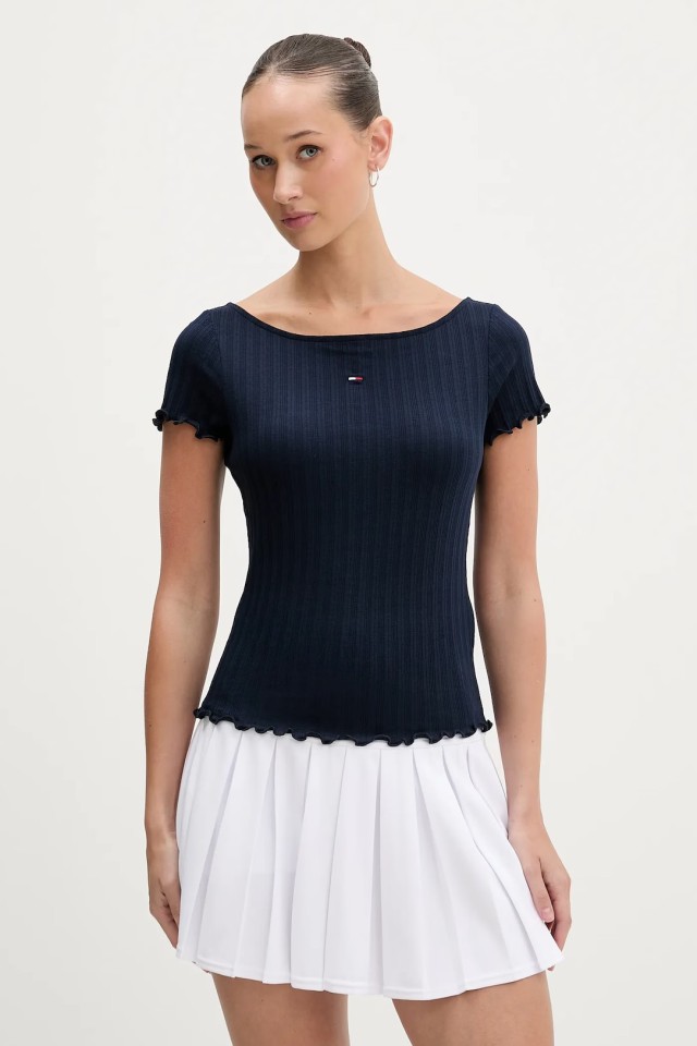 Tommy Hilfiger Tjw Slim Rib Lettuce Edge Ss Γυναικεία Μπλούζα Μπλε