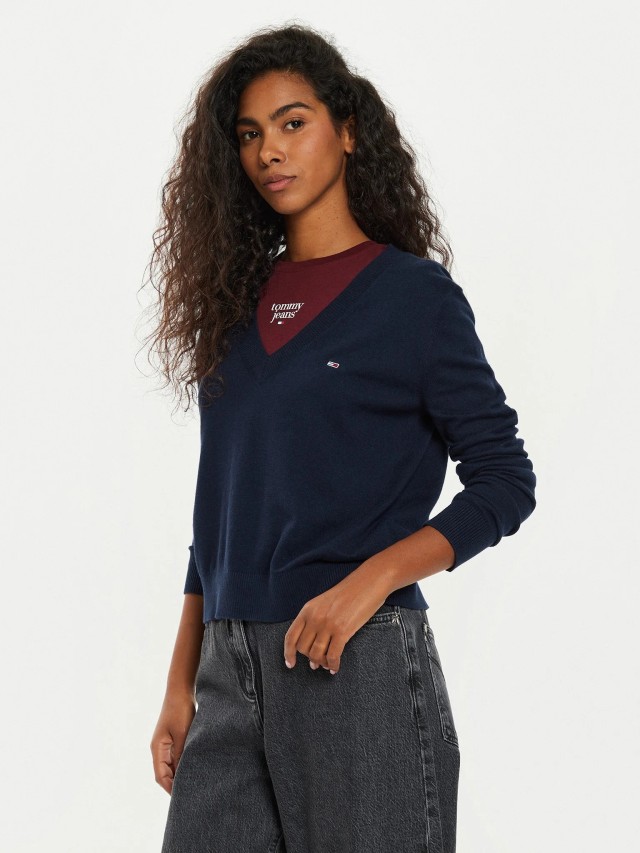 Tommy Hilfiger Tjw Essential Vneck Sweater Ext Γυναικείο Πλεκτό Μπλε