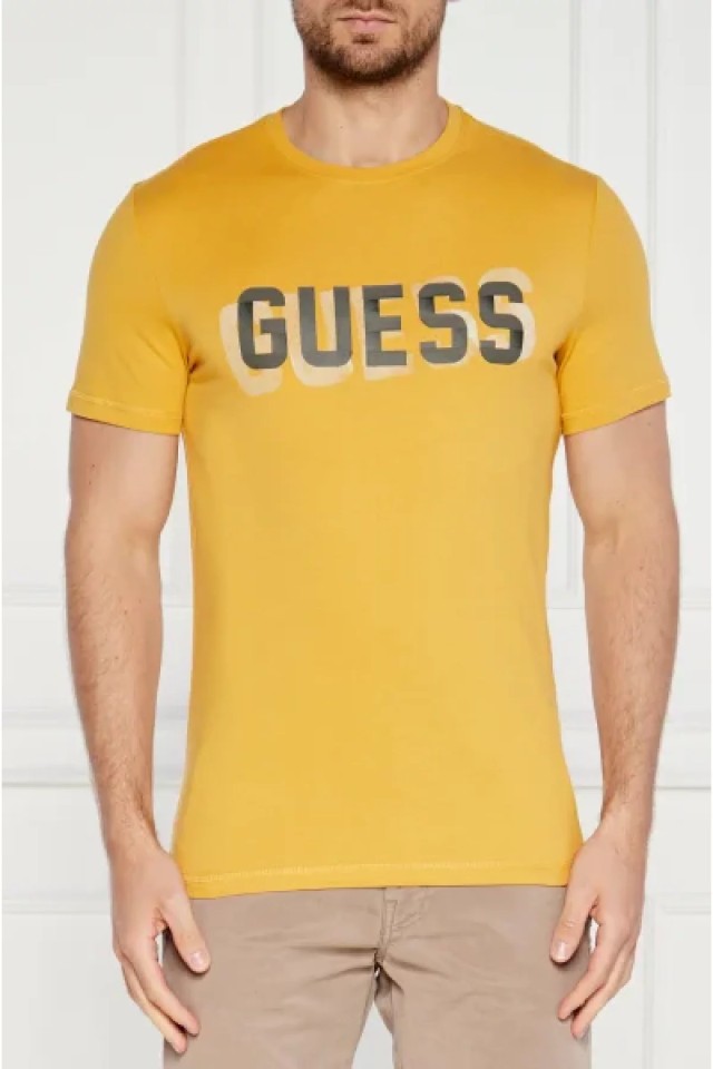 Guess Ss Cn Guess Logo Tee Ανδρική Μπλούζα Μπεζ