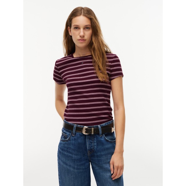 Tommy Hilfiger Tjw Slim Essential Rib Ss Ext Γυναικεία Μπλούζα Ριγέ Μωβ Ροζ