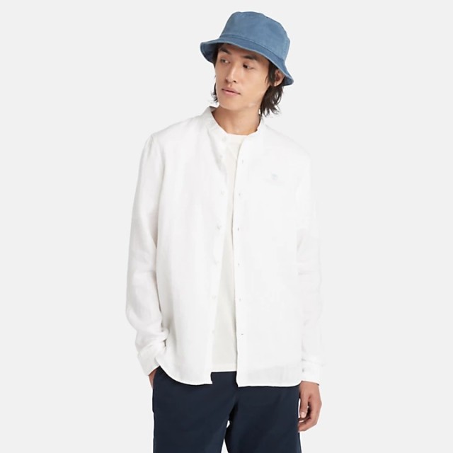 Timberland Mill Brook Linen Korean Collar Shirt White Ανδρικό Λινό Πουκάμισο Λευκό