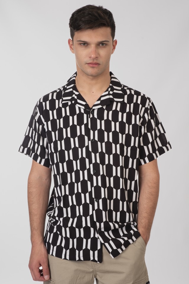 251RGS-5042-BLACK Rebase Mens Shirt Aop Ανδρικό Πουκάμισο Κοντομάνικο Μαύρο