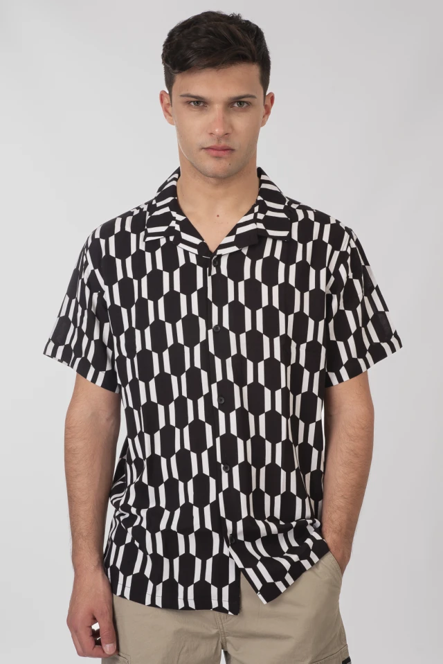 251RGS-5042-BLACK Rebase Mens Shirt Aop Ανδρικό Πουκάμισο Κοντομάνικο Μαύρο
