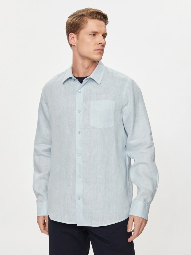 Guess Ls Island Linen Shirt Ανδρικό Πουκάμισο Λινό Σιελ
