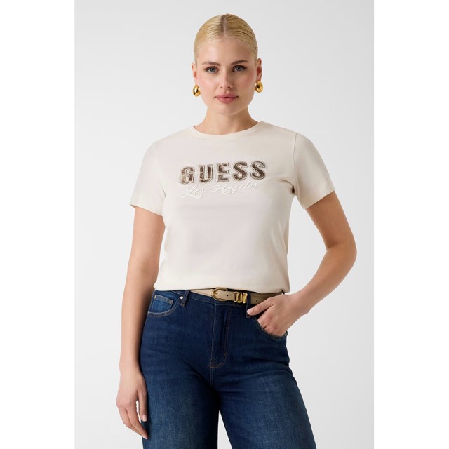 Guess Ss Cn Snake Script Rhinestone Γυναικεία Μπλούζα Εκρού