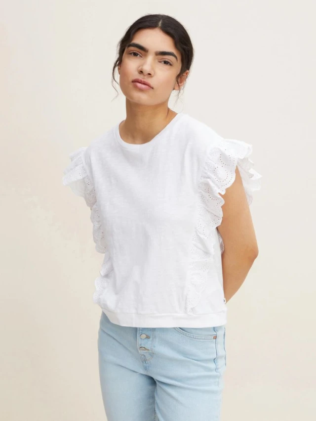 Tom Tailor 204 Relaxed Schiffli T-Shirt Γυναικεια Μπλουζα Λευκη